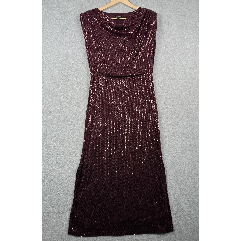 Alexa B Dress Womens Size 10 Burgundy All Over Sequin Cowl Neck Gown Formal Midi